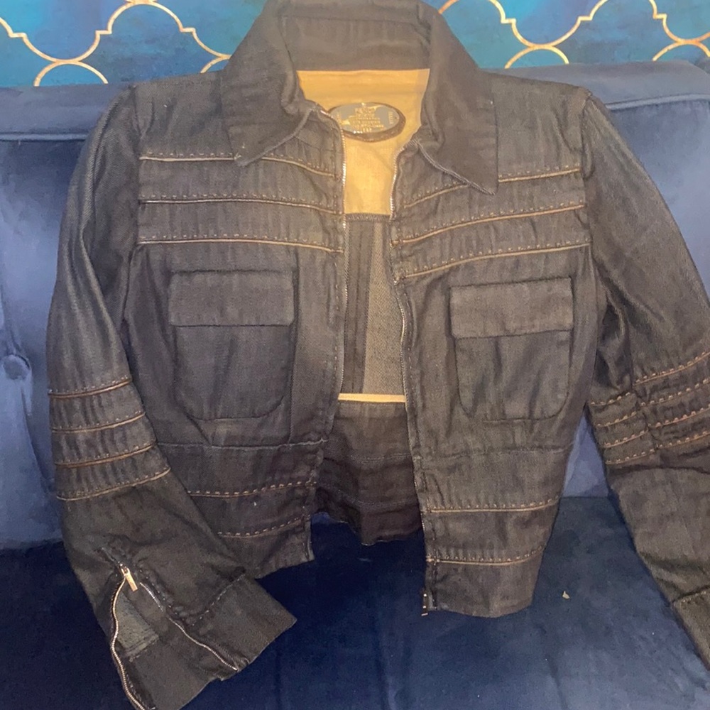 Fendi dark blue Jean jacket w leather linings sz42